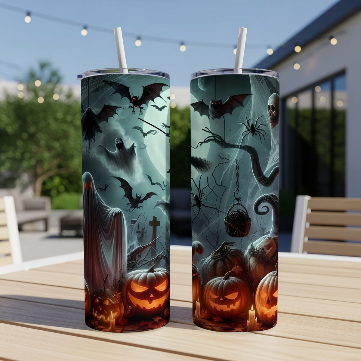 Two tumblers featuring a spooky Halloween scene with ghosts, bats, pumpkins, and a spiderweb.