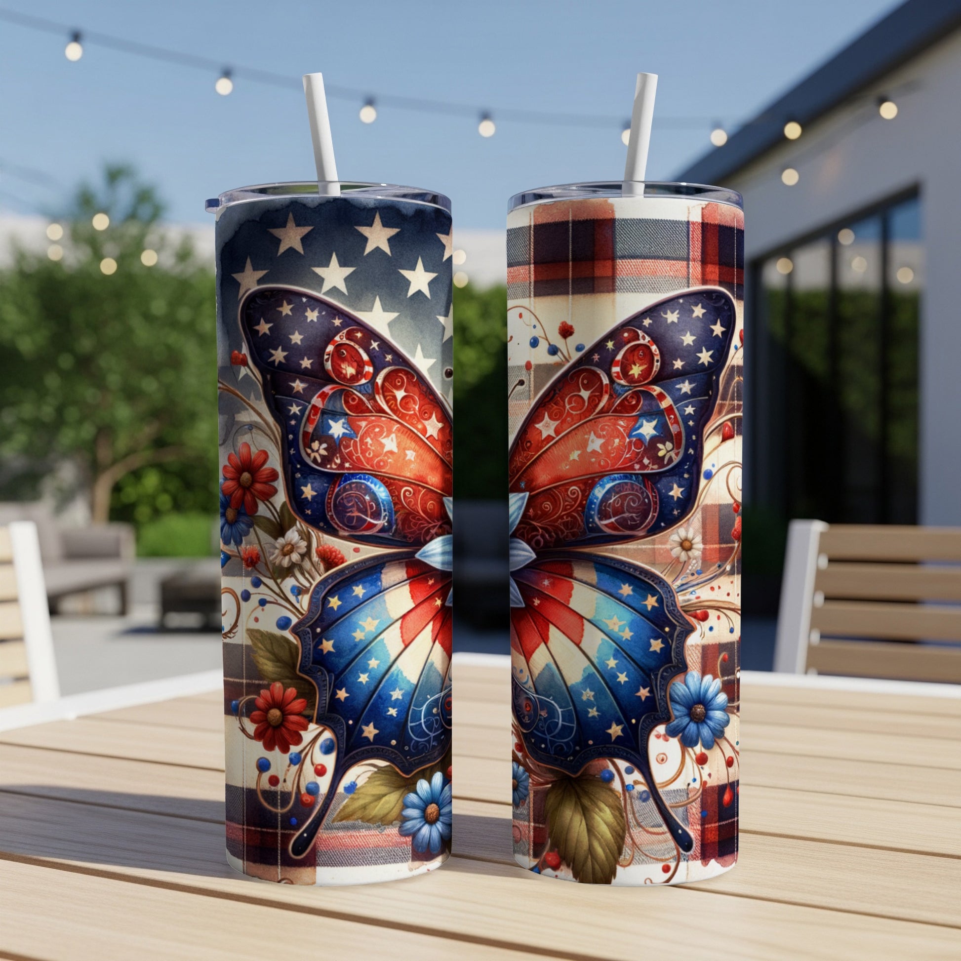 Two tumblers with butterfly wings design featuring stars and stripes.
