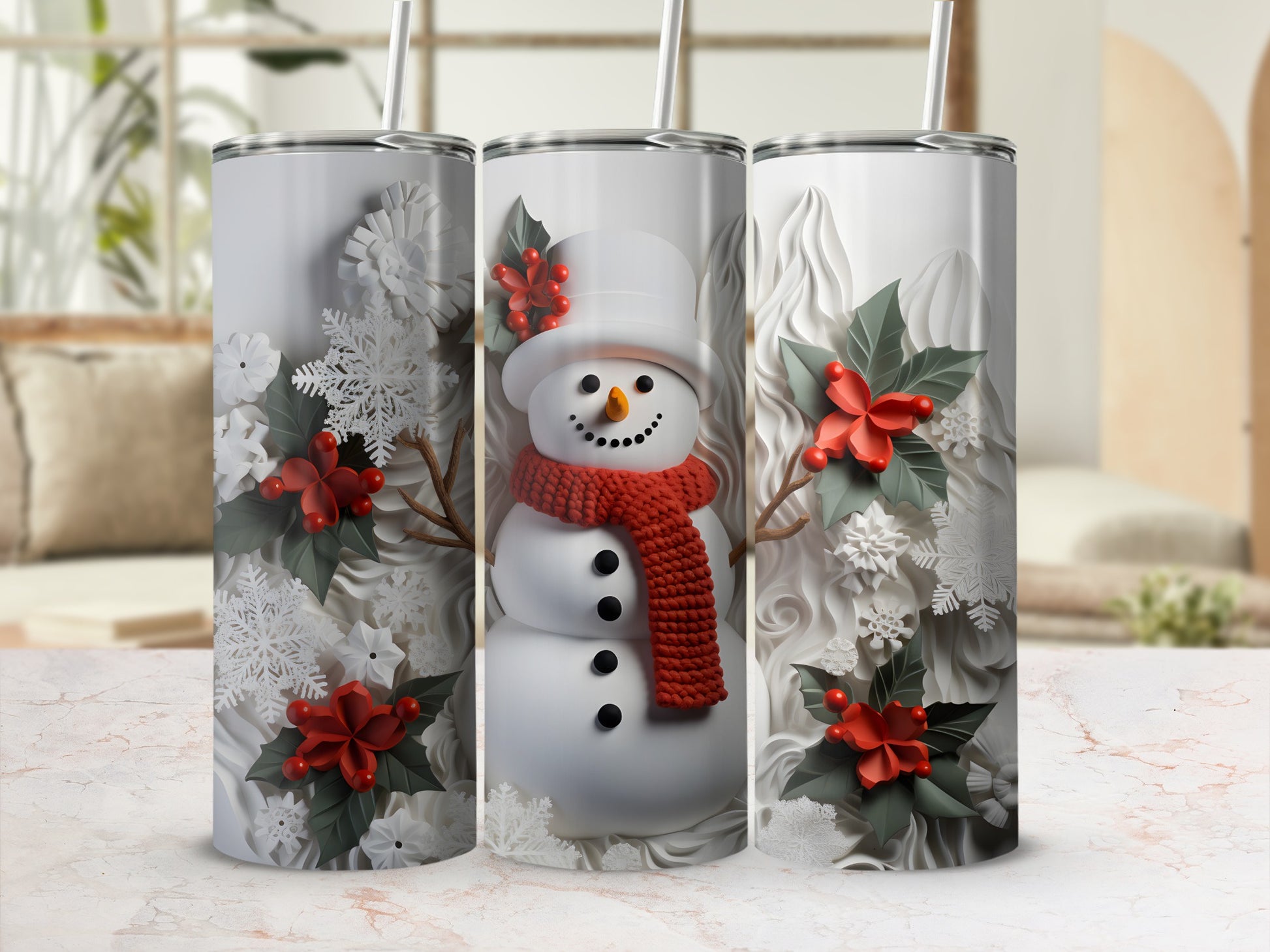 Festive Snowman and Holiday Flowers Tumbler Product