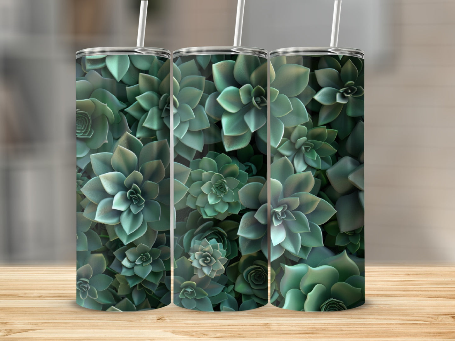 Triptych of tumblers featuring a repeating pattern of green succulents.