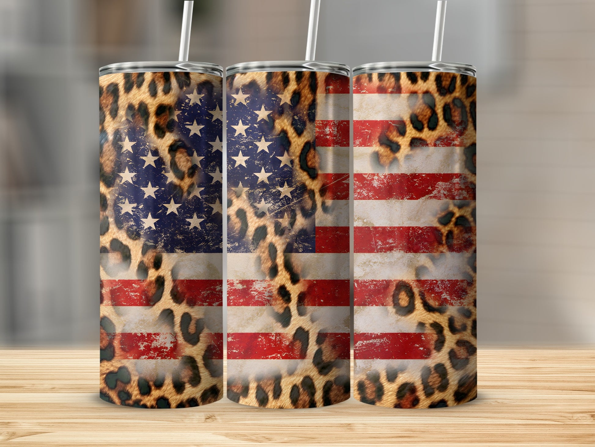 Three tumblers with American flag and leopard print design.