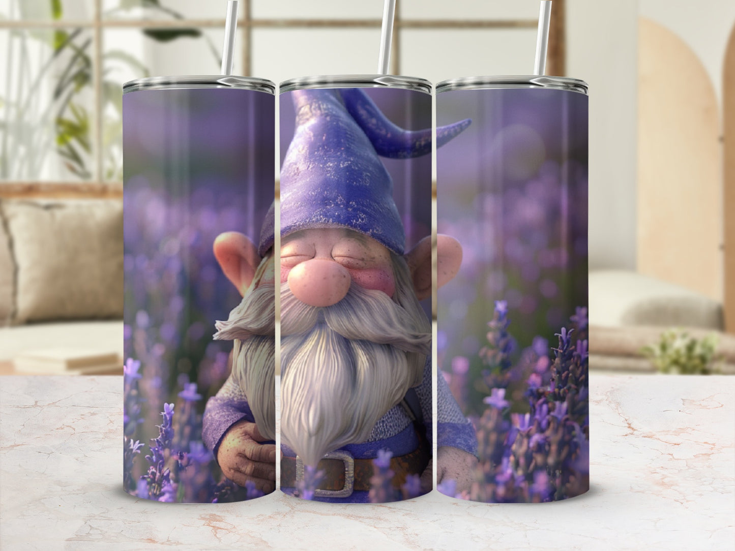 Gnome with closed eyes among lavender flowers, displayed on a tumbler.