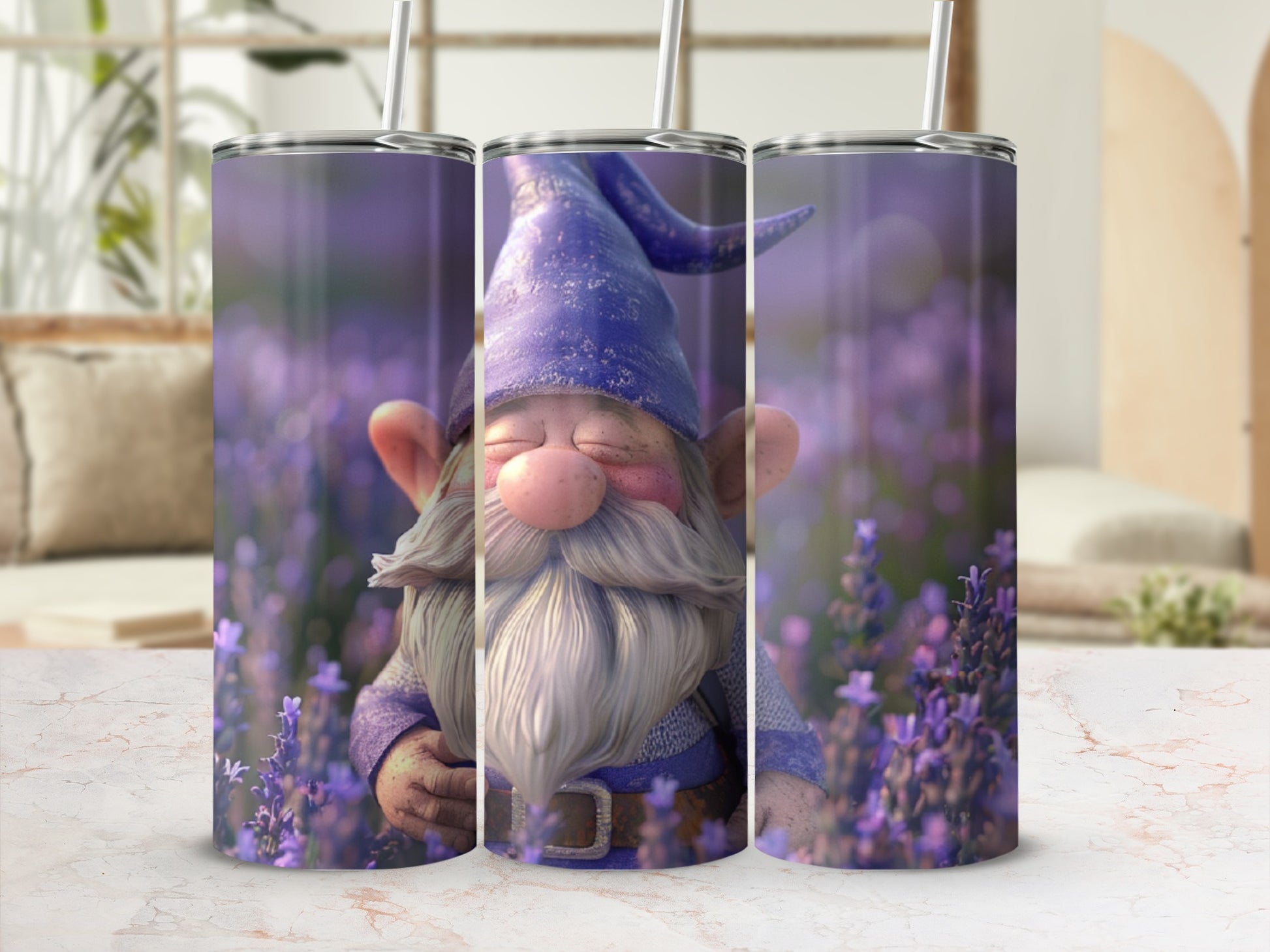 Gnome with closed eyes among lavender flowers, displayed on a tumbler.