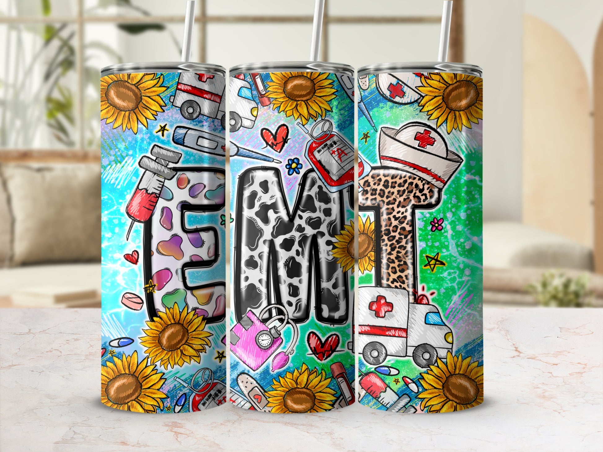 EMT tumbler with medical icons and sunflowers on a patterned background.