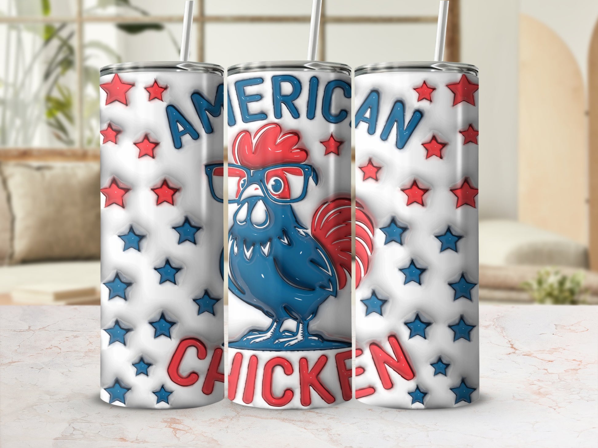 Tumbler with blue rooster wearing glasses and red stars.