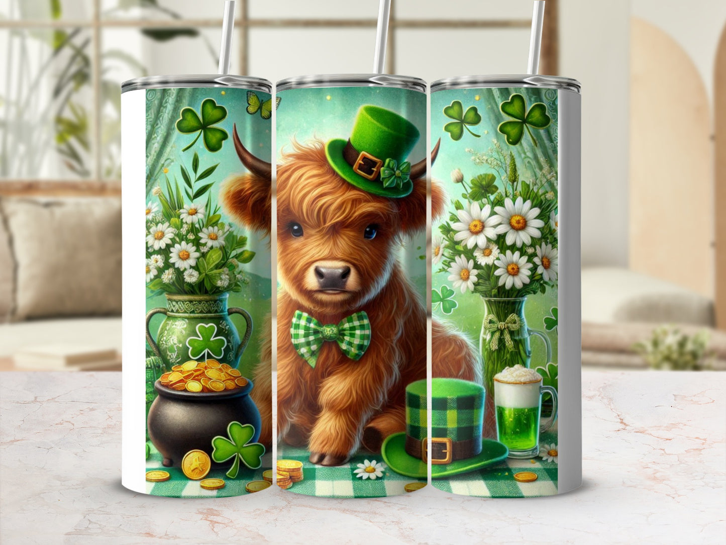 Highland cow wearing St. Patrick's Day hat and bow tie.