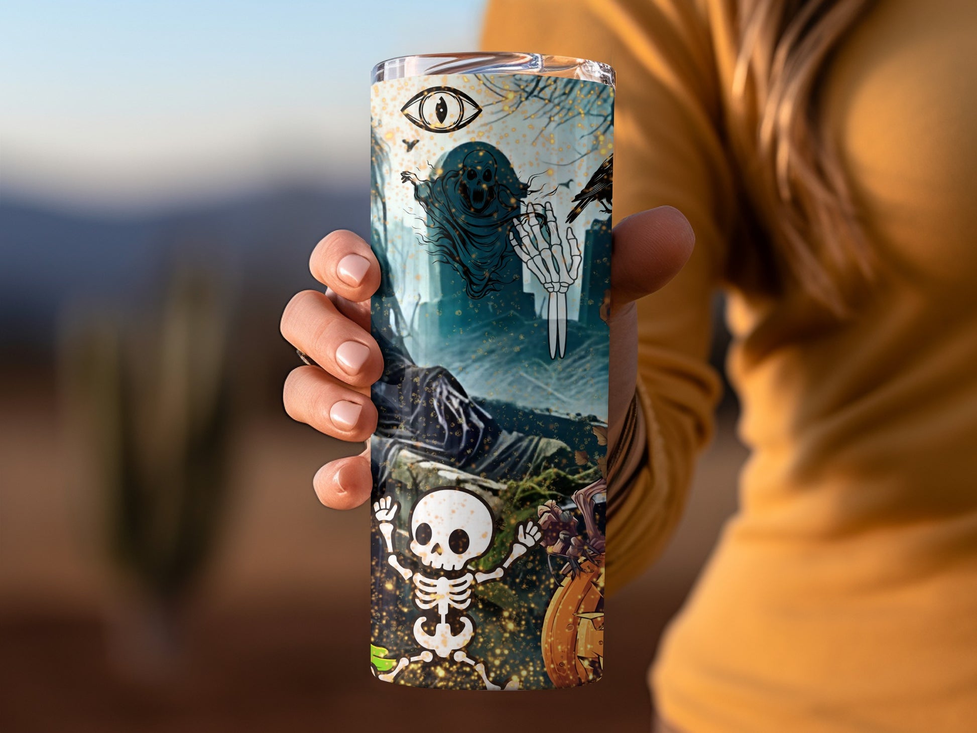 Spooky Halloween Themed Tumbler with Ghost and Skeleton