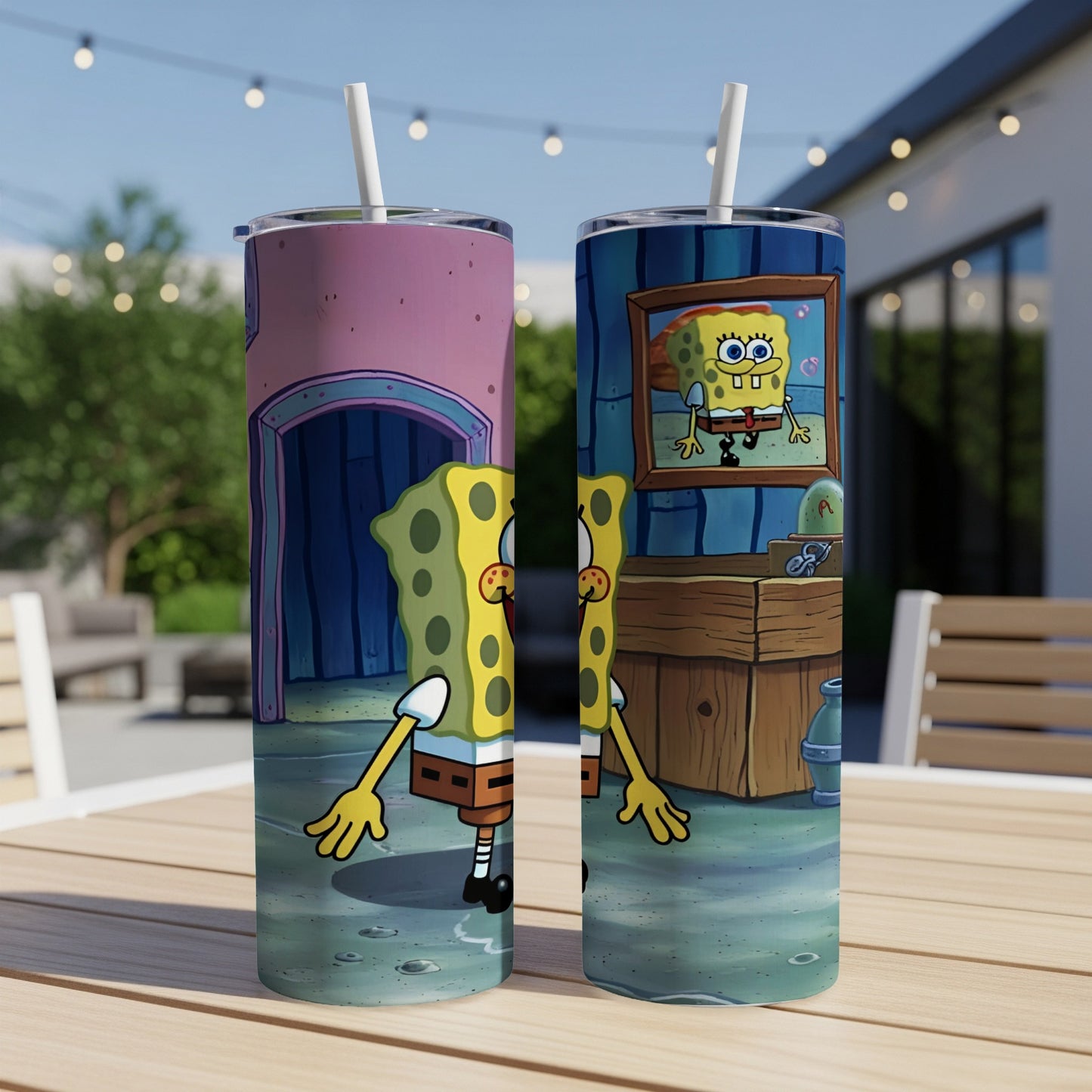 SpongeBob SquarePants character on a tall tumbler, outdoor background.
