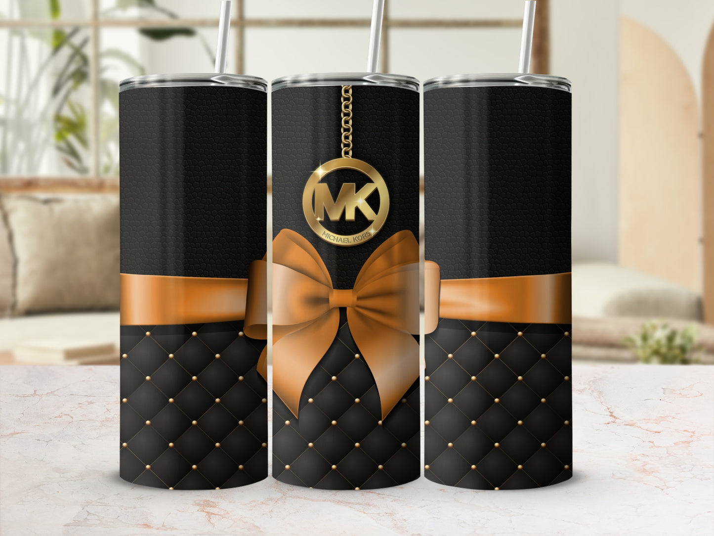 Elegant Black and Gold Tumbler with Bow Design