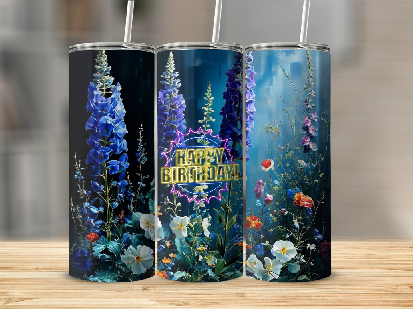 Three tumblers with blue floral designs and "Happy Birthday!" text.