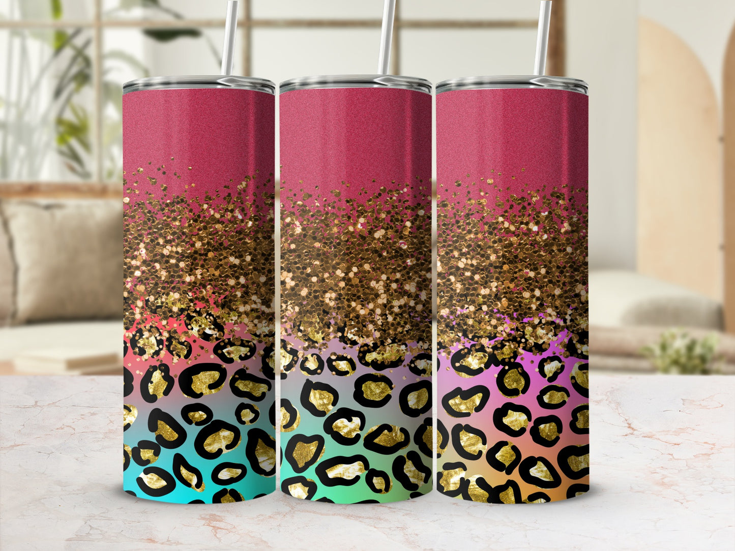 Glitter Leopard Print Tumbler with Straw Beverage Cup