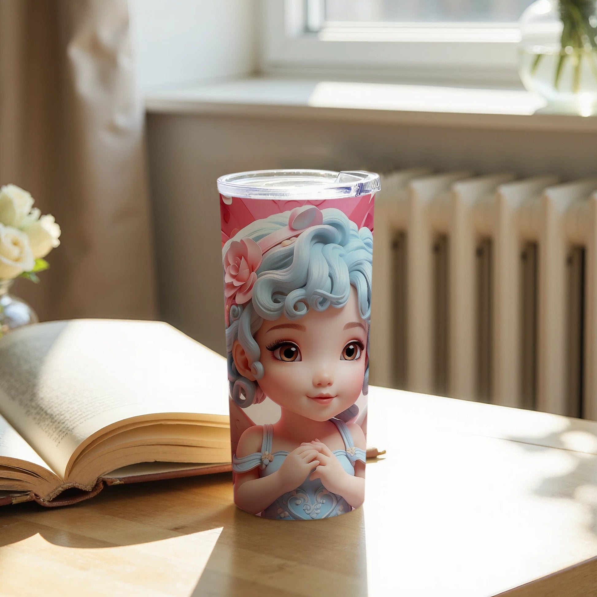 Adorable Blue Haired Character Tumbler with Floral Design