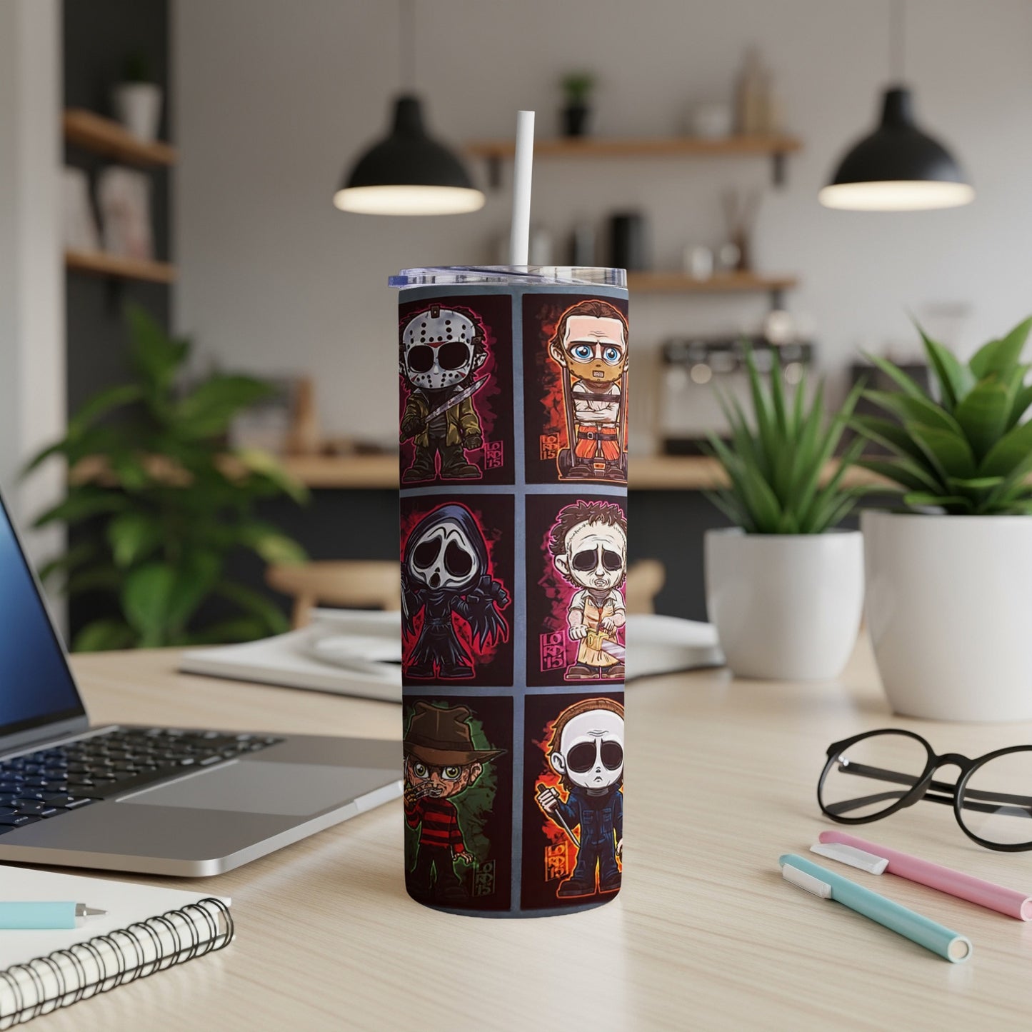Tumbler with cartoon horror characters: Jason, Ghostface, Michael Myers, Freddy Krueger, Pennywise.