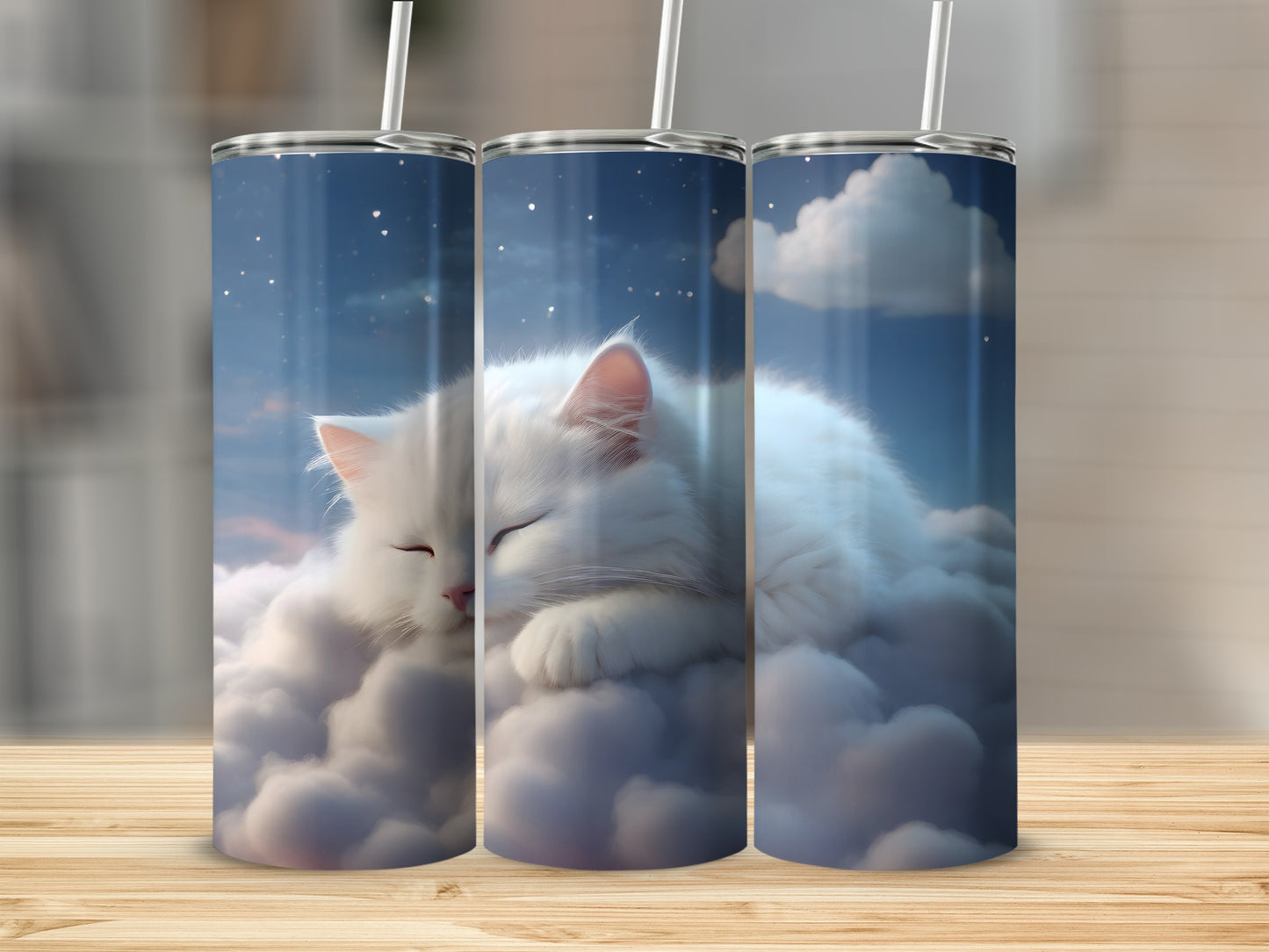 Sleeping White Cat Dream Clouds Starry Night Tumbler product type