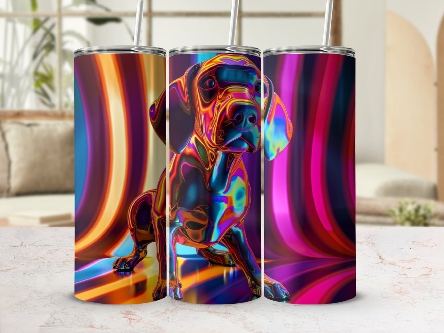 Shiny iridescent dog sculpture on colorful wavy background.