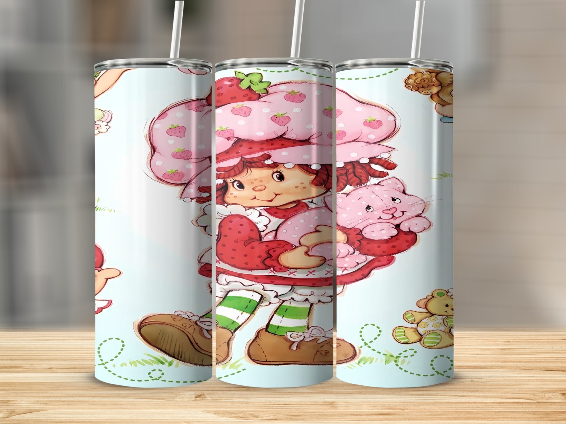 Strawberry Shortcake character with cat, holding a pink kitten, green striped socks.