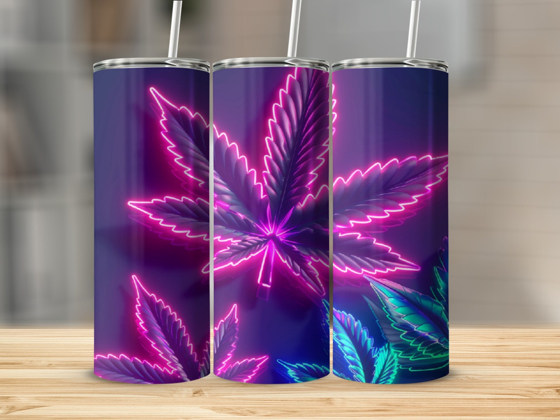 Neon cannabis leaf design on a purple tumbler with straws.