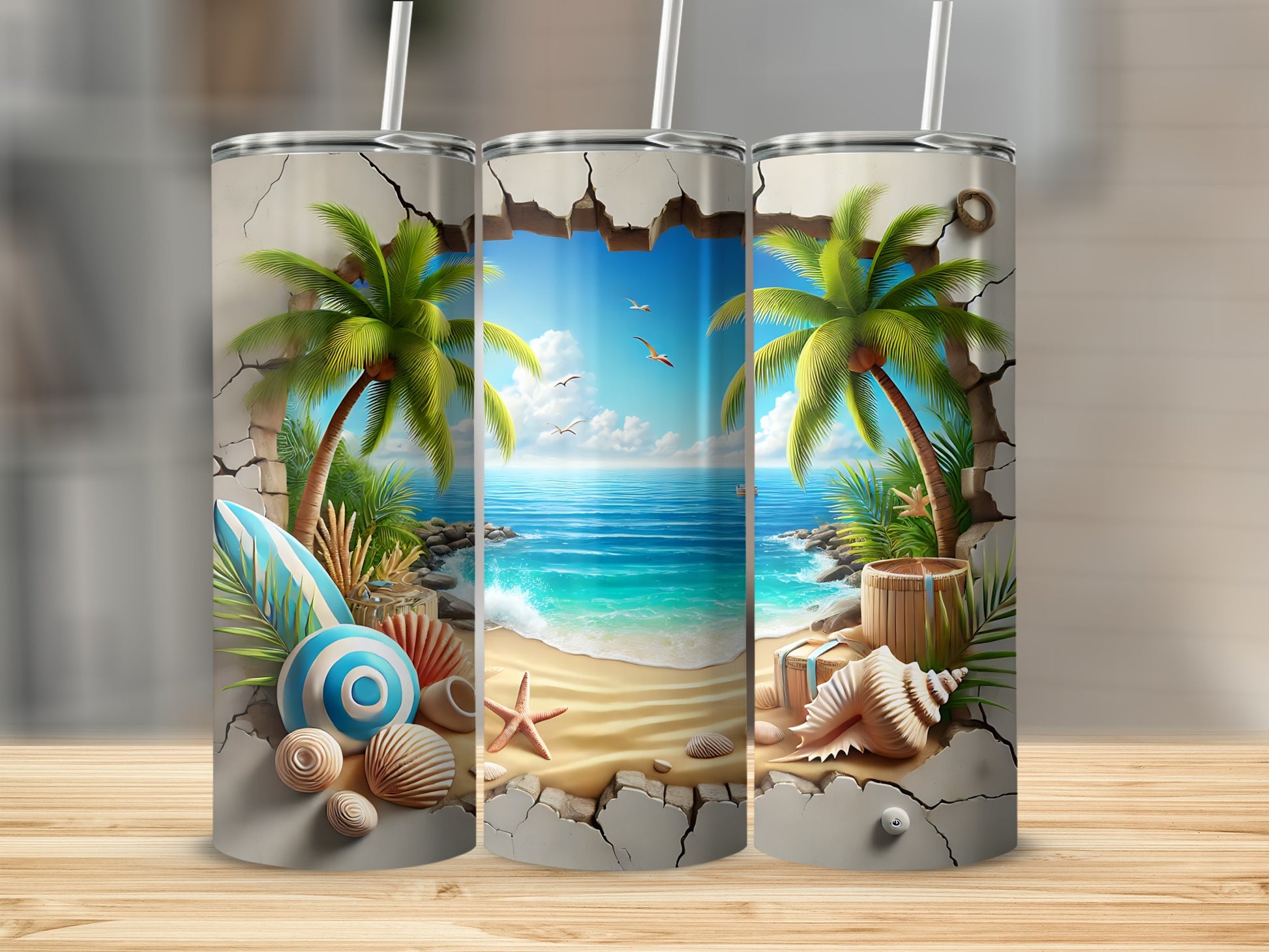 Beach scene with palm trees and ocean visible through cracked ceramic tumblers.