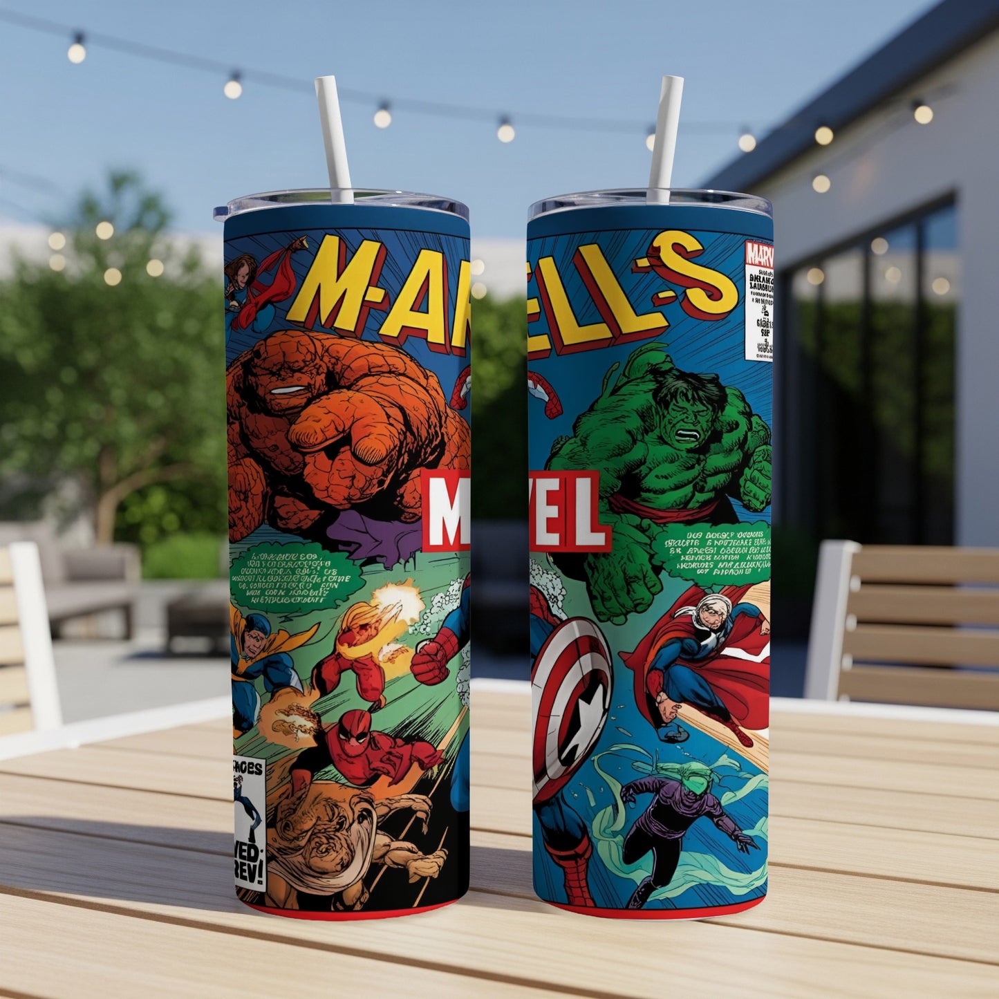 Marvel Comics characters on two blue tumblers with straws, one with Hulk.