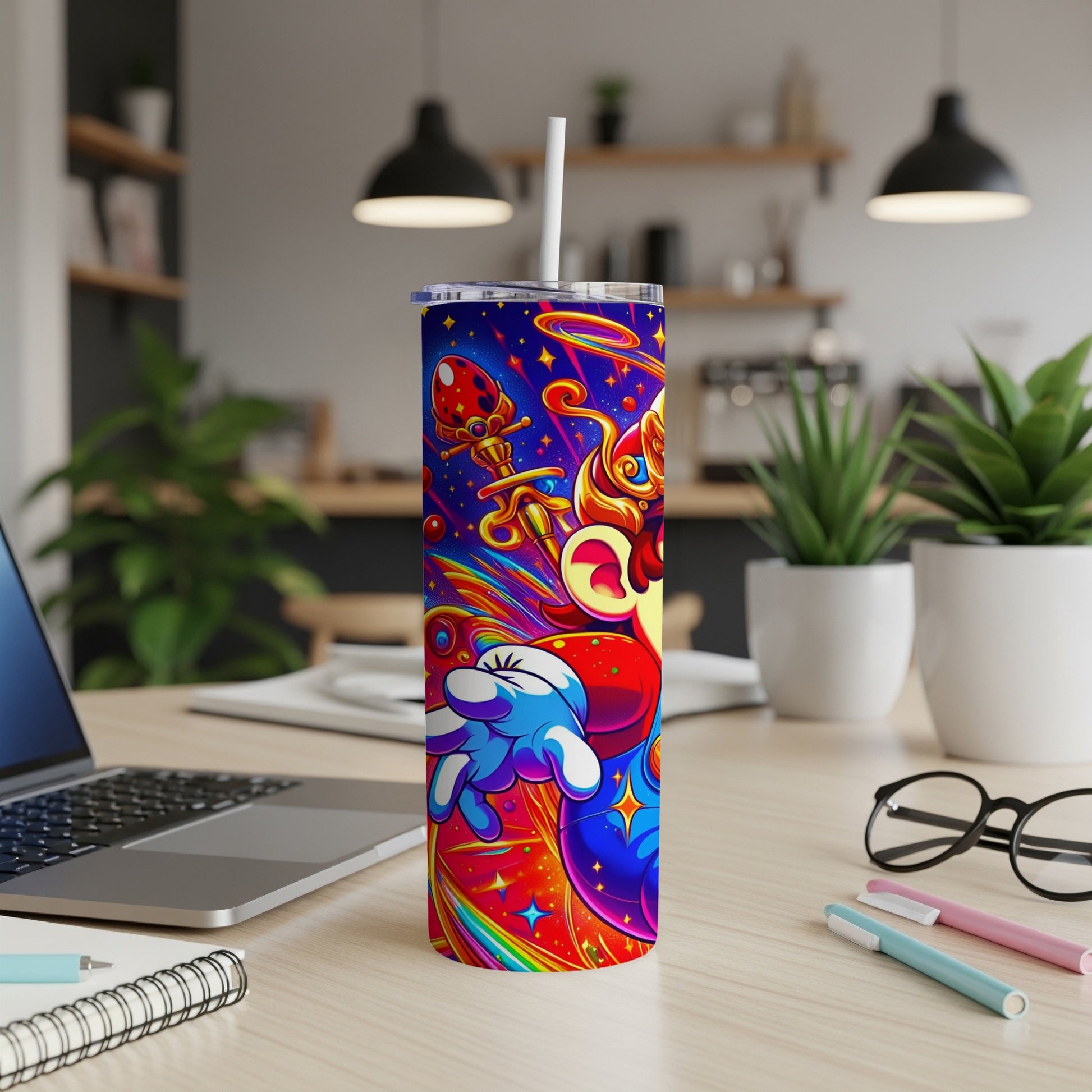 Colorful tumbler with cartoon characters and stars, on a desk.