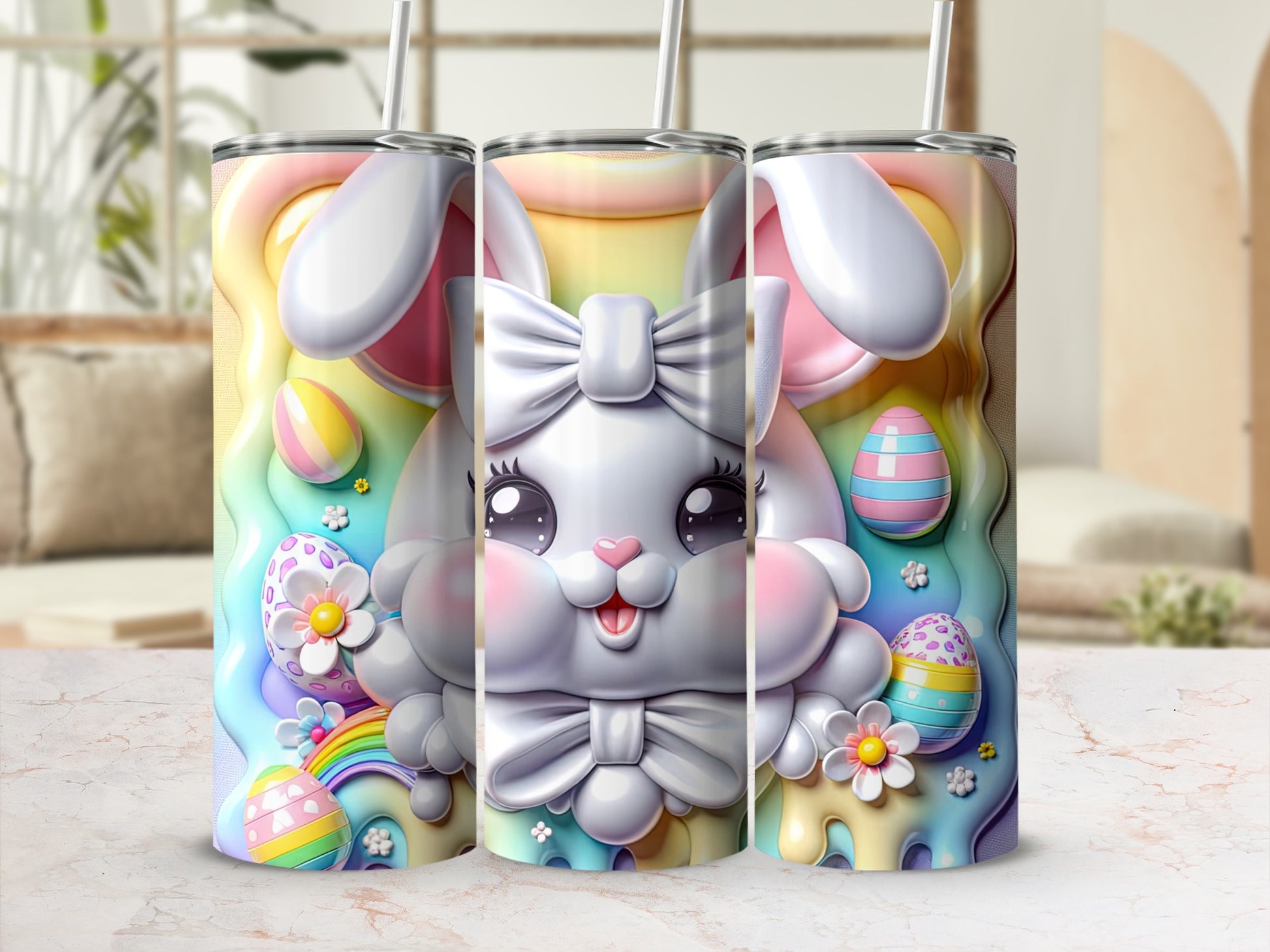 Easter bunny with pastel eggs, rainbow, and flowers on a tumbler.