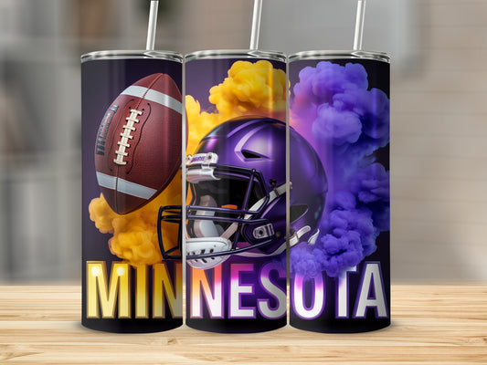 Minnesota Vikings football helmet and football with colorful smoke.