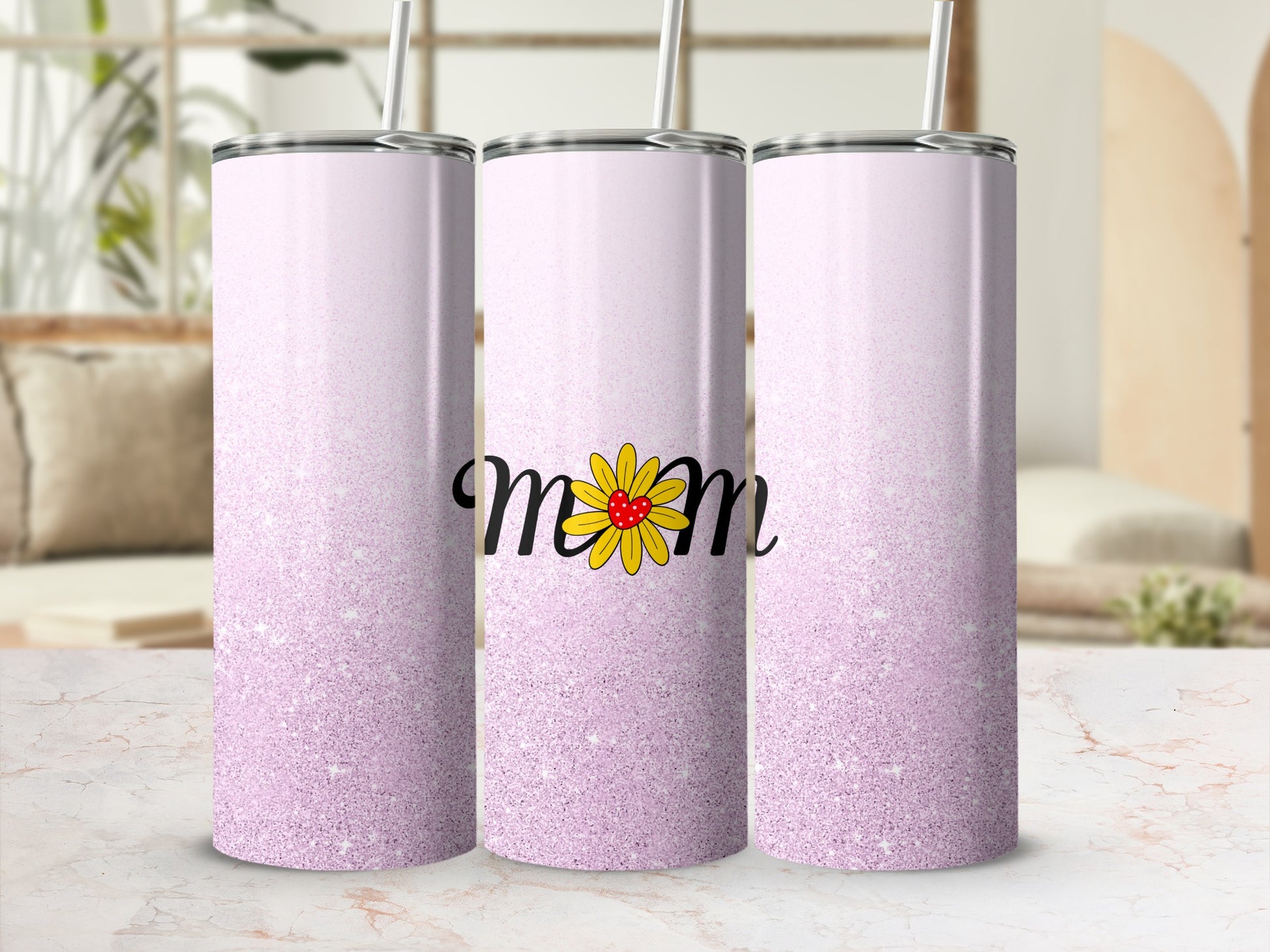 Pink glitter tumbler with yellow and red flower graphic, says "Mom".