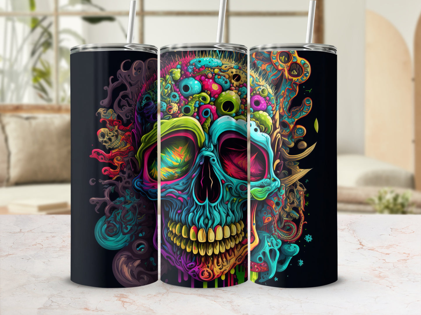 Vibrant Psychedelic Skull Tumbler with Straw