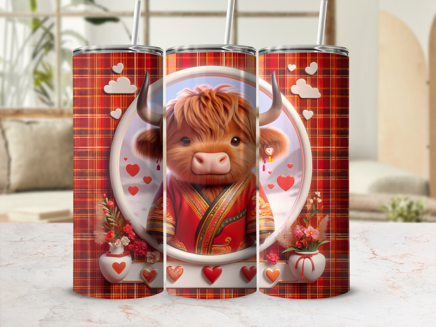 Highland cow with hearts and flowers on a plaid tumbler.