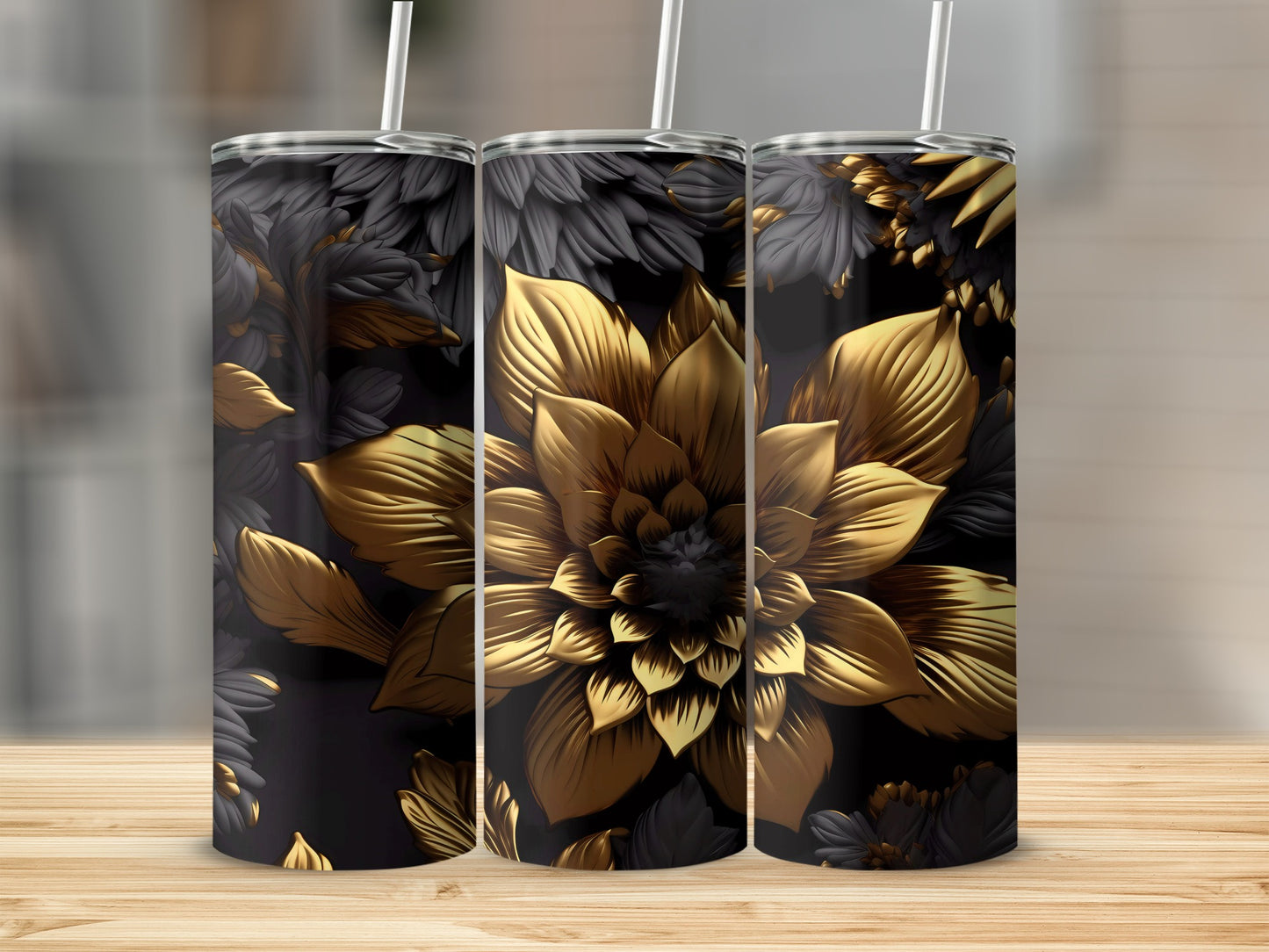 Elegant Black and Gold Floral Tumbler with Straw
