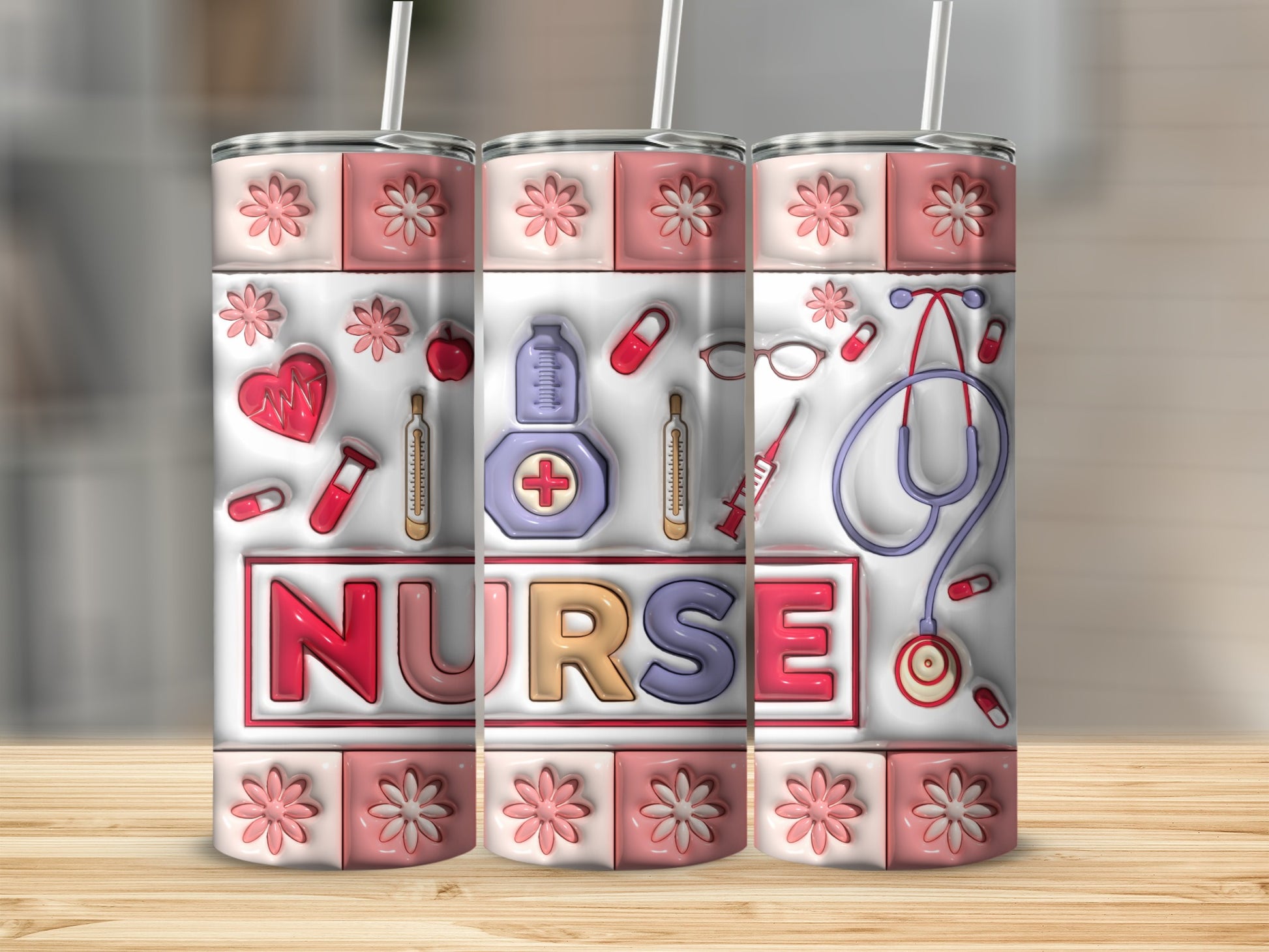 Nurse tumbler with medical icons and floral accents.