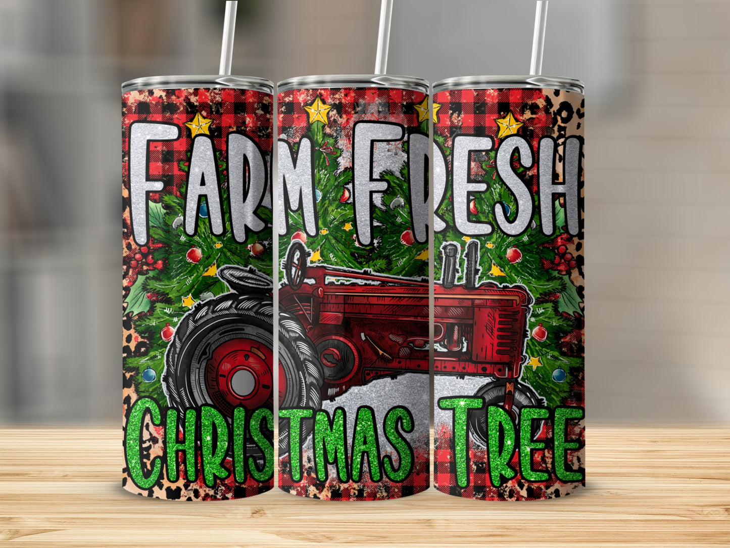 Red vintage tractor and "Farm Fresh Christmas Trees" text on a festive tumbler.