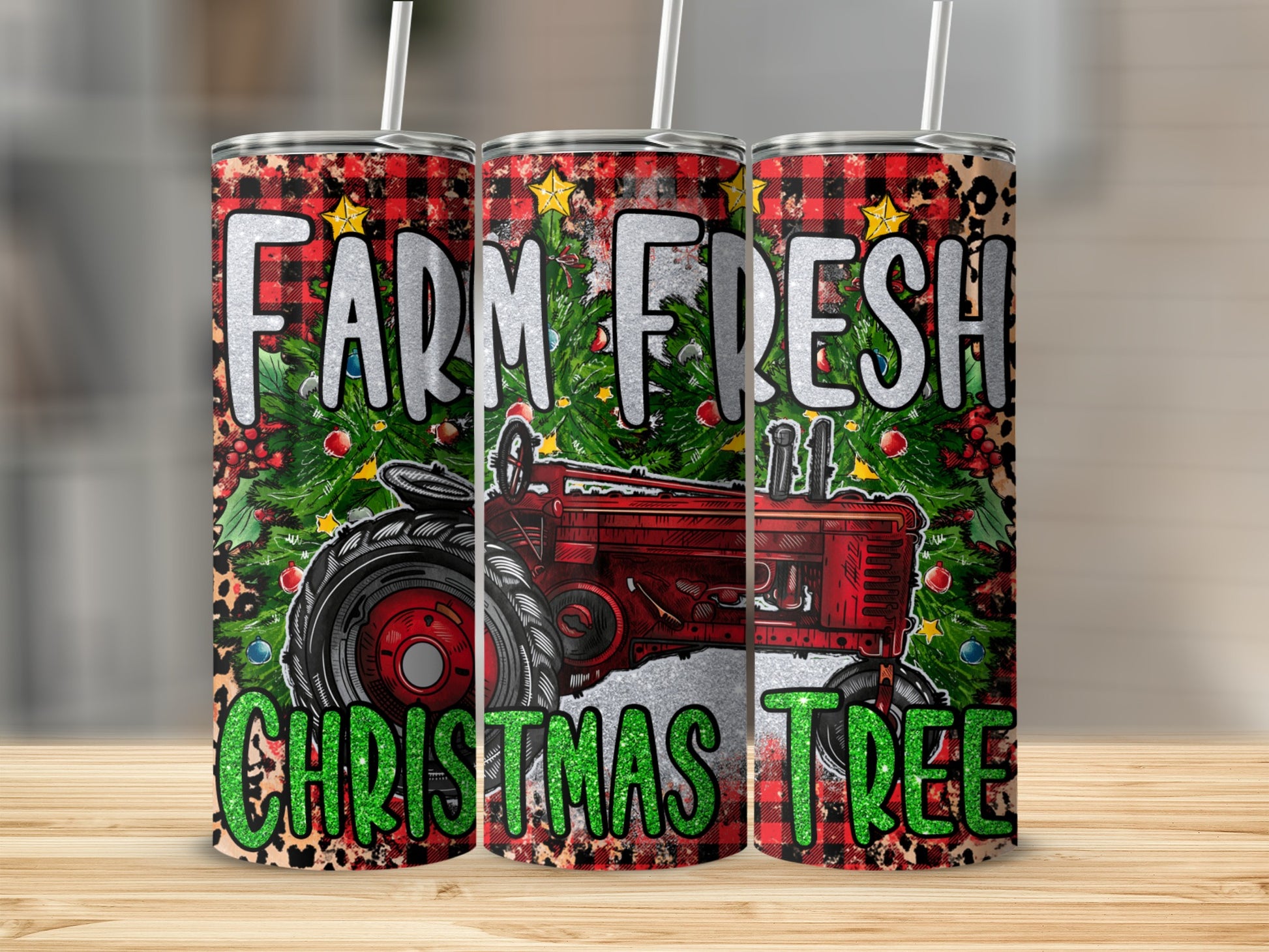 Red vintage tractor and "Farm Fresh Christmas Trees" text on a festive tumbler.
