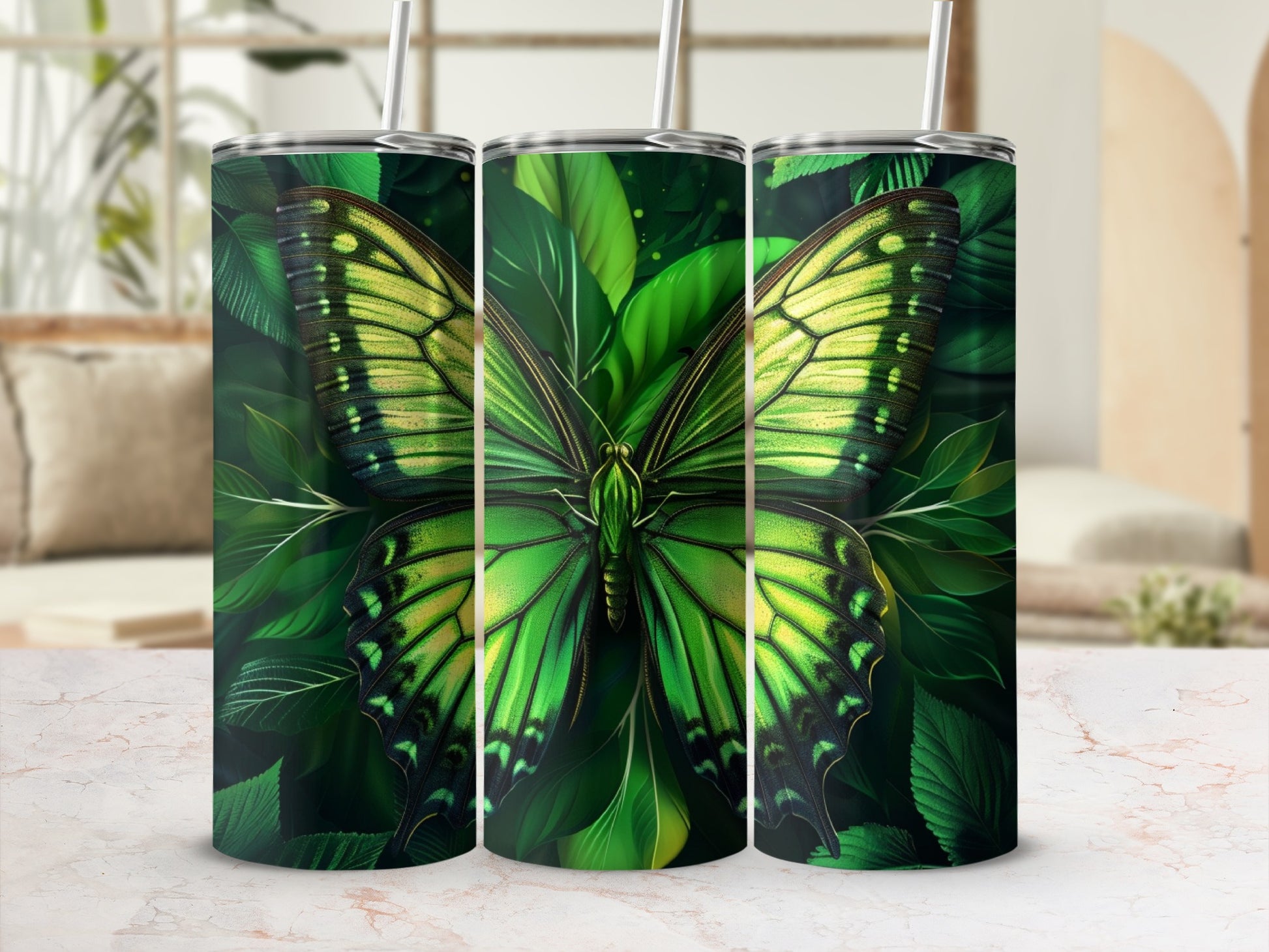 Green butterfly with intricate wing patterns on a tumbler.