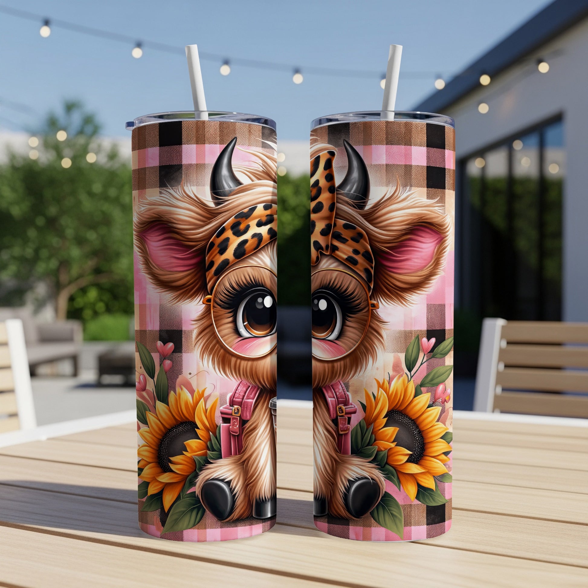 Two tumblers with cartoon cow and sunflowers on plaid background.