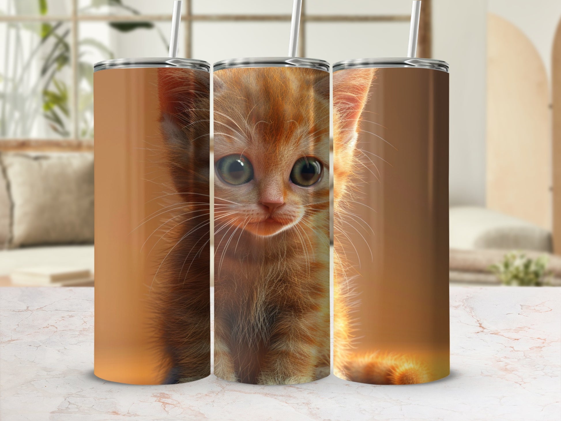 Orange tabby kitten on a tumbler with straw.