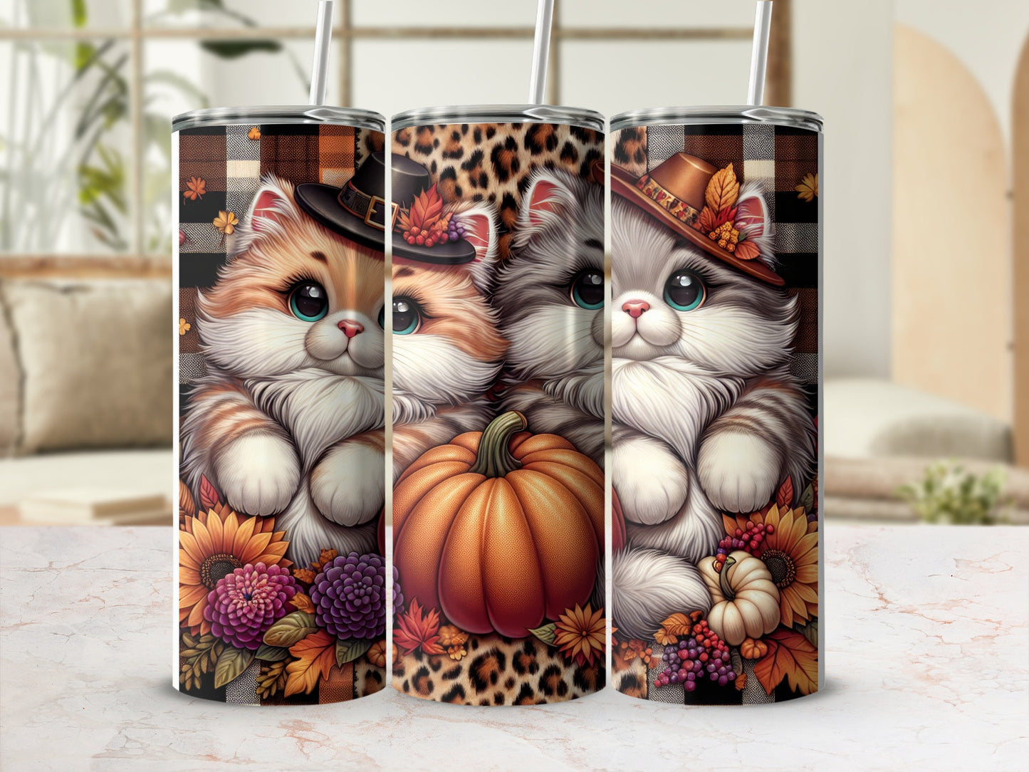 Three cute cats in autumn hats and scarves surrounded by pumpkins and sunflowers.