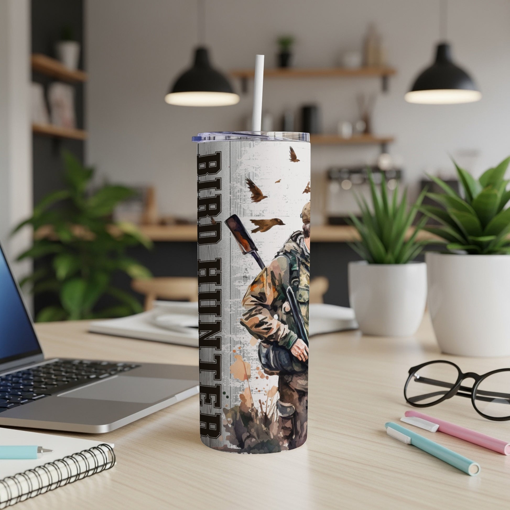 Tumbler with "Bird Hunter" text, featuring a hunting scene with birds.
