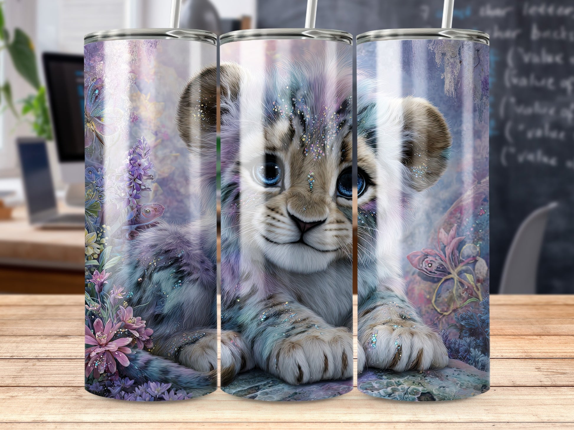 Adorable Colorful Lion Cub with Floral Butterfly Tumbler