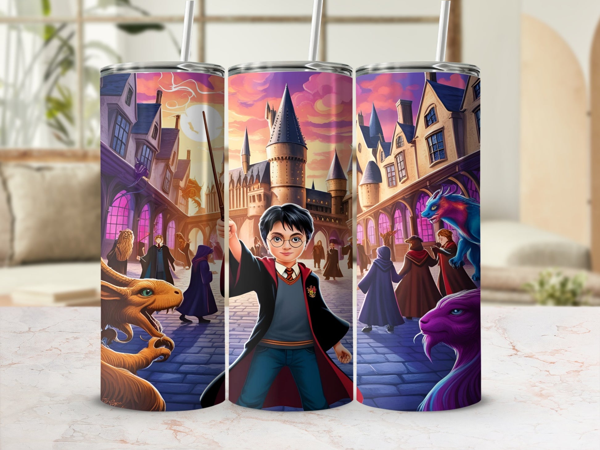 Harry Potter character with dragon and castle background on tumbler.