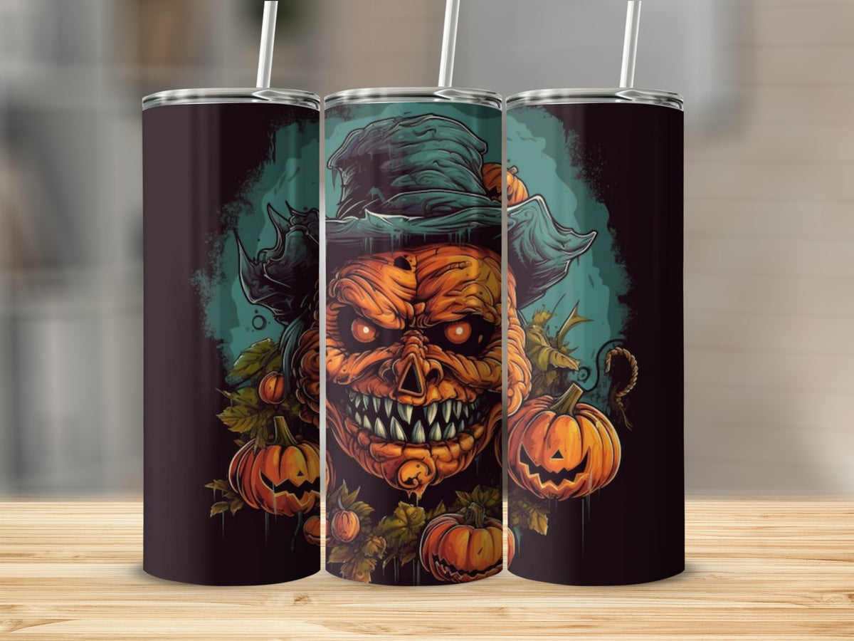 Three tumblers featuring a creepy jack-o-lantern wearing a witch hat.