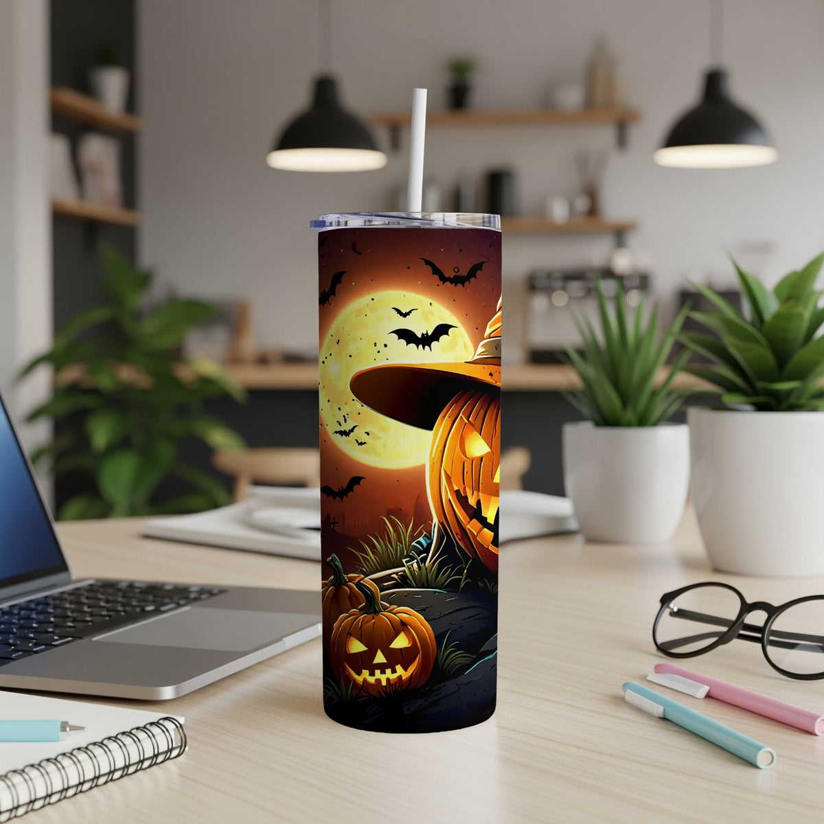 Halloween tumbler with jack-o'-lanterns, bats, and a full moon.