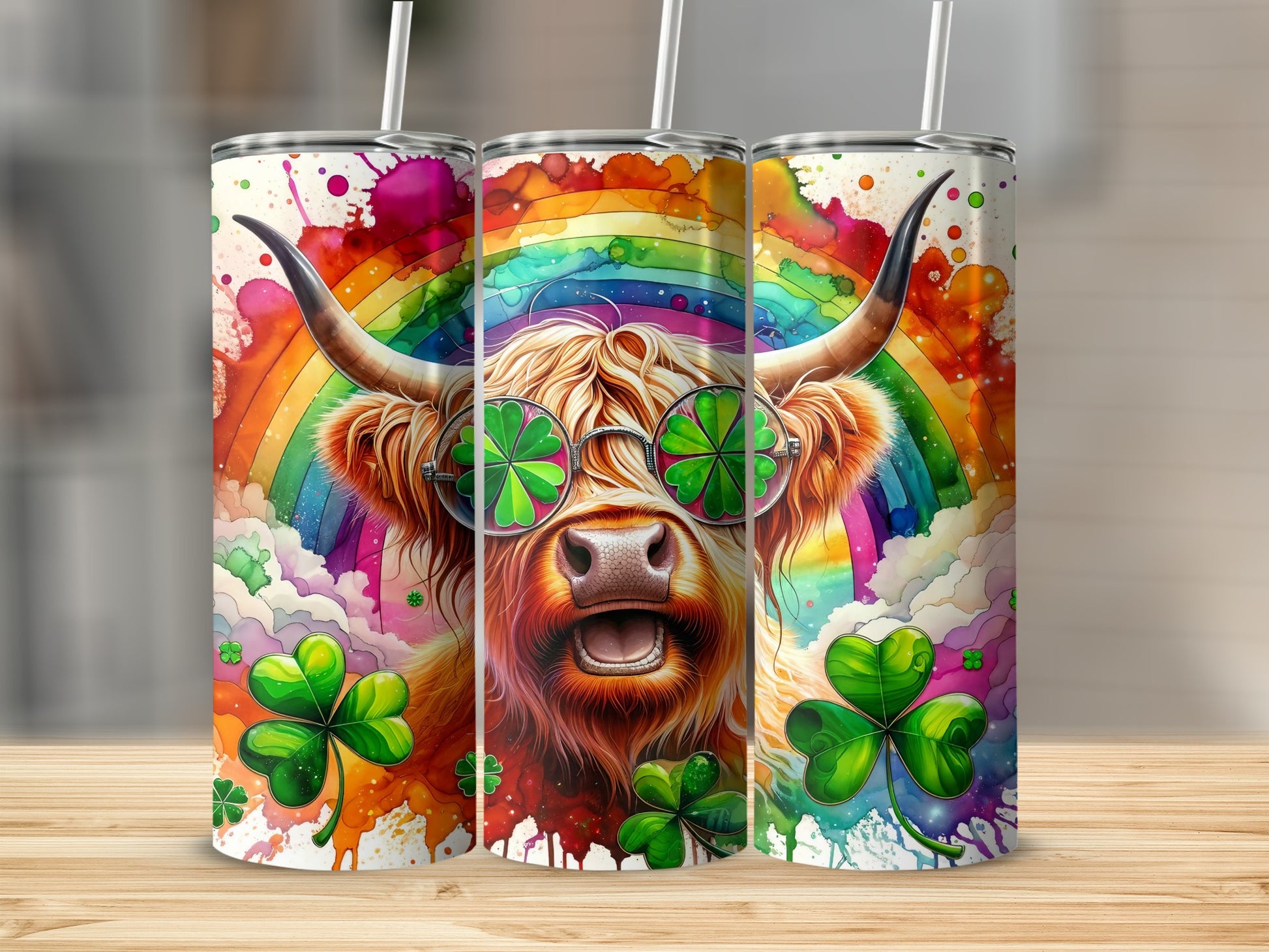 St. Patrick's Day cow with rainbow, shamrocks, and clover glasses.