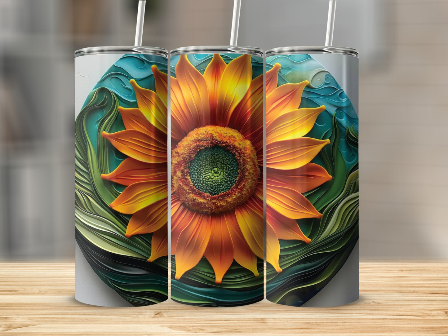 Sunflower design on a white tumbler with straw, displayed on a wooden surface.
