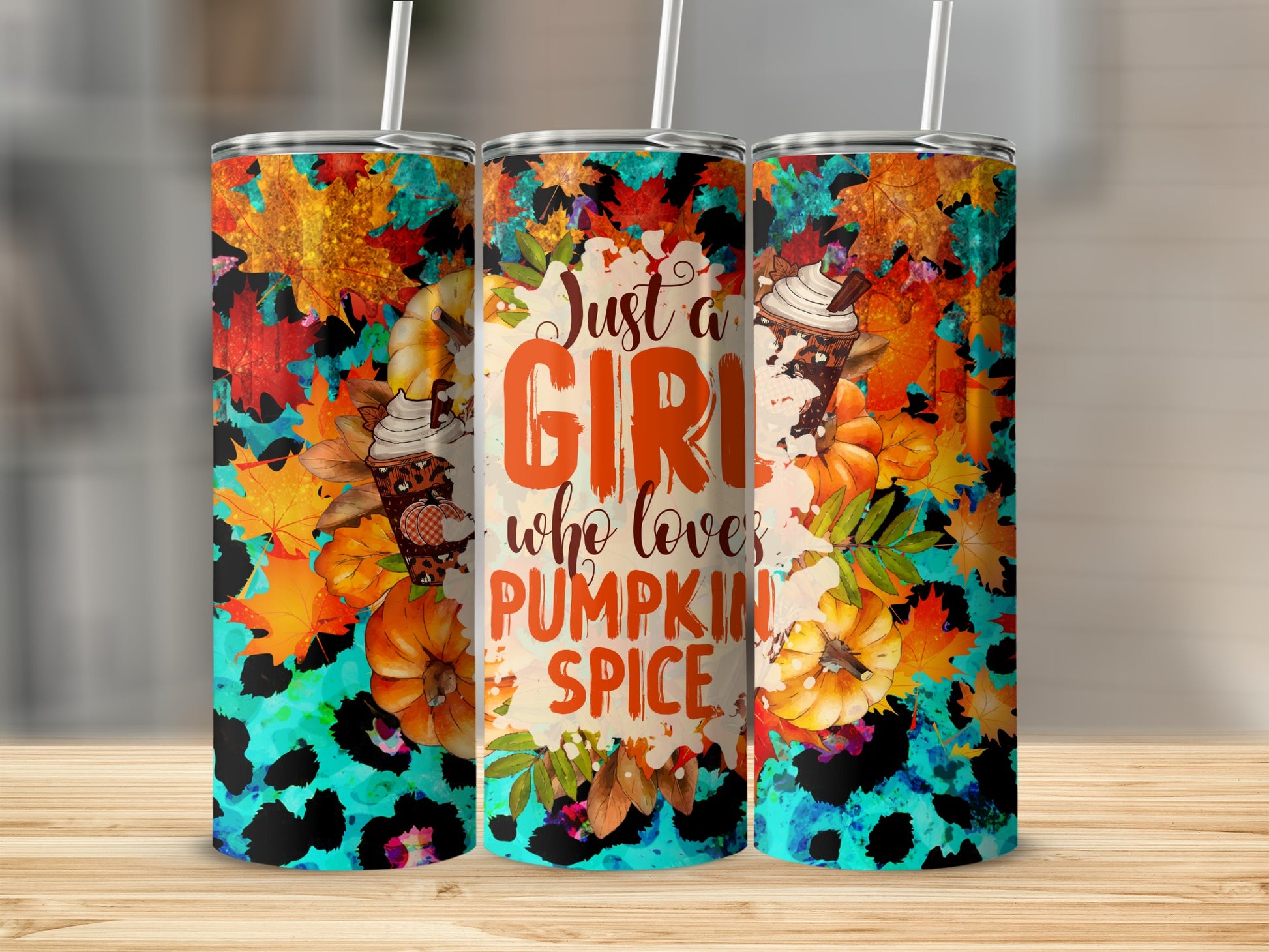 Tumbler with fall leaves, pumpkins, and leopard print, reads "Just a girl who loves pumpkin spice."