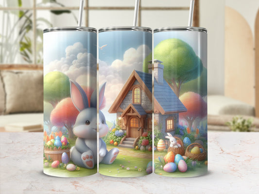 Bunny with Easter eggs and a cottage in a whimsical spring landscape.