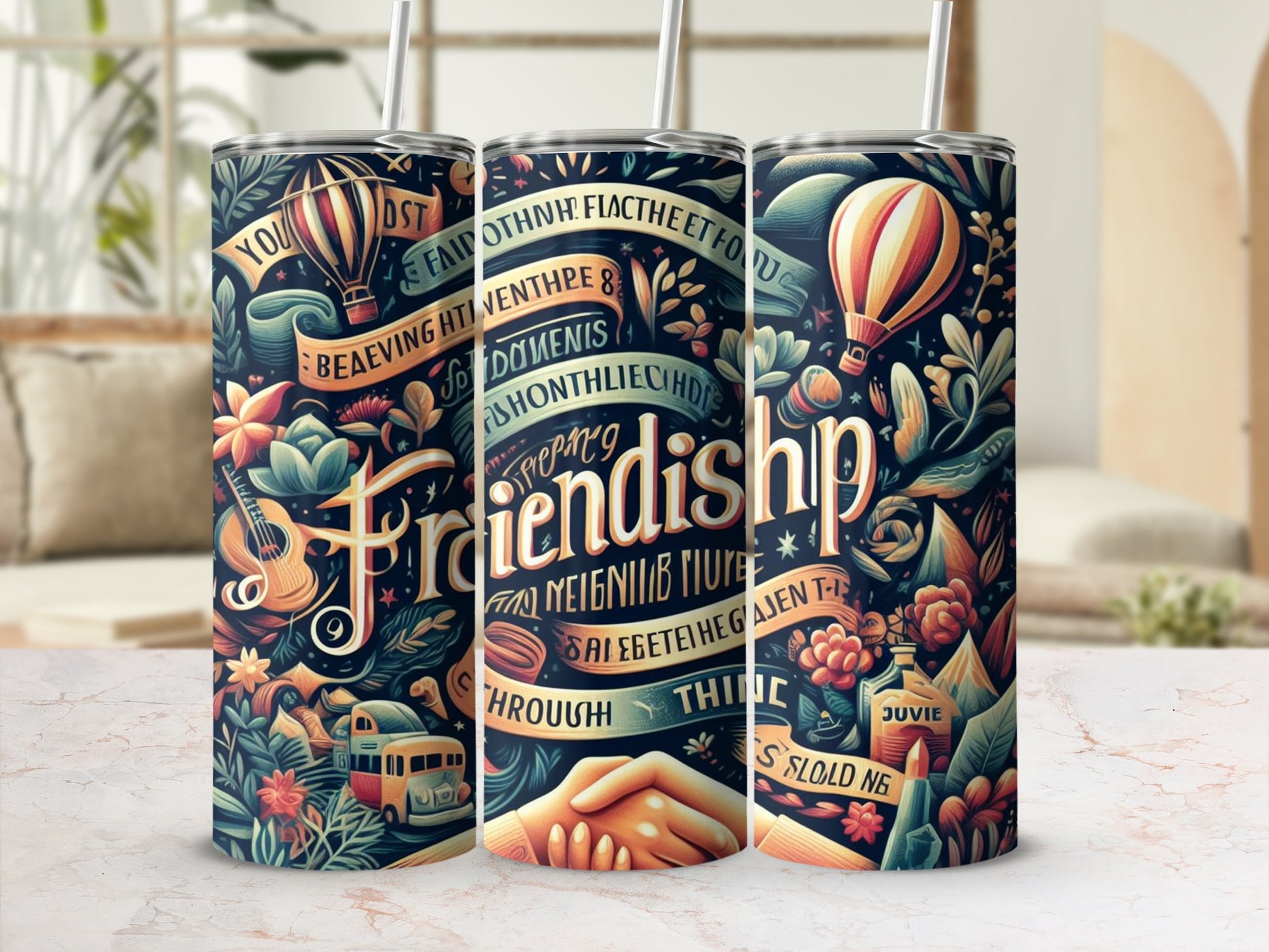 Friendship Theme Colorful Tumbler Flask with Straw