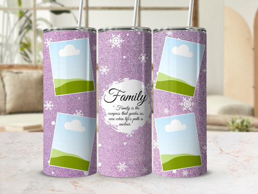 Purple glitter tumbler with snowflakes and photo placeholders, featuring "Family" quote.