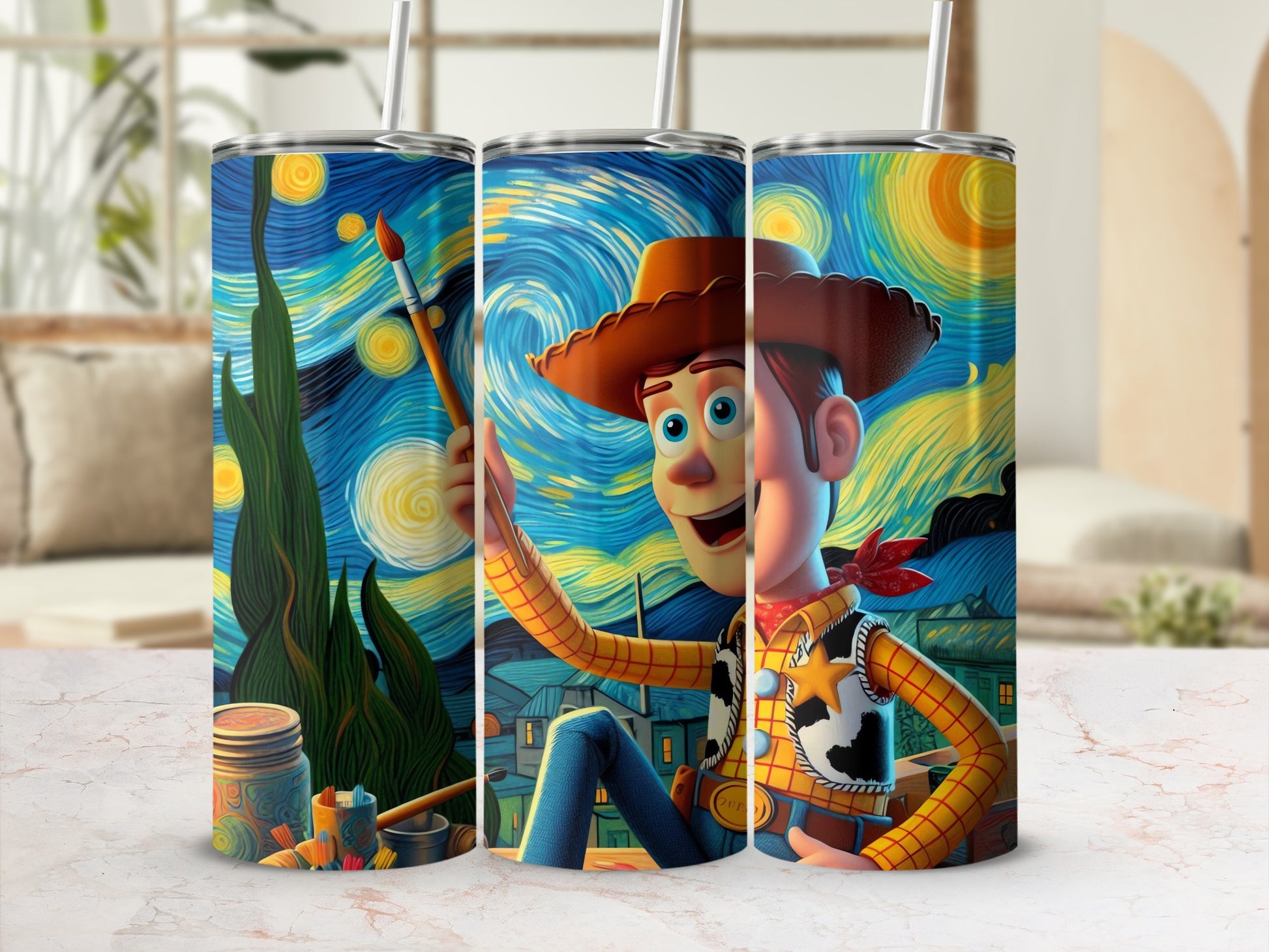 Starry Night Woody Tumbler with Straw 20oz Cup