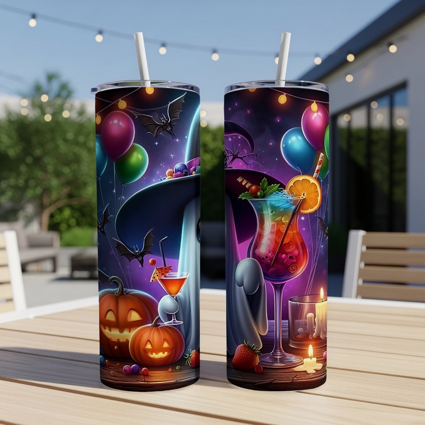 Two tumblers featuring Halloween motifs: pumpkins, cocktails, ghosts, bats, and balloons.